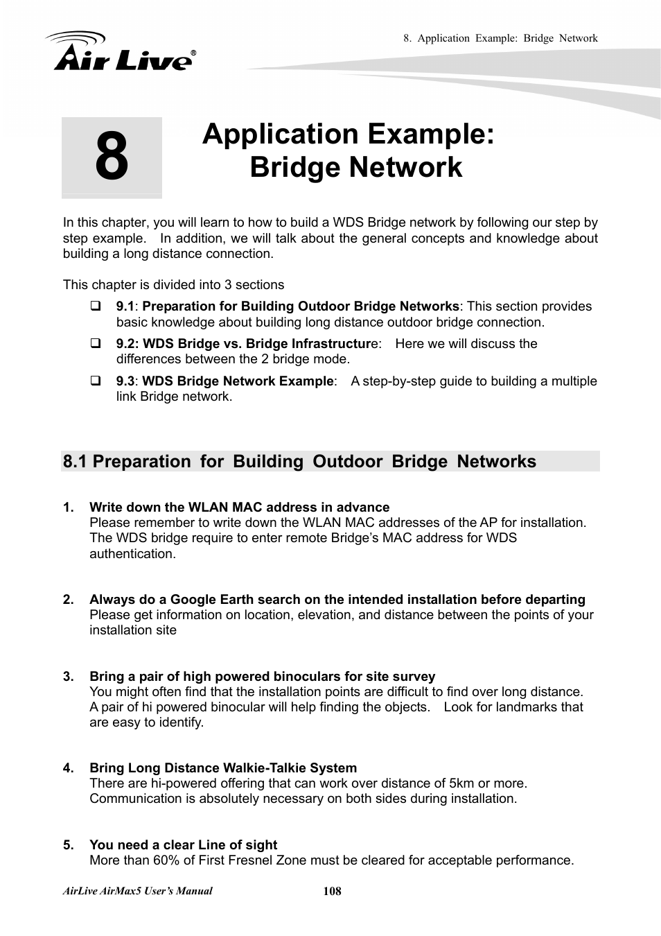 Application example: bridge network, 1 preparation for building outdoor bridge networks | AirLive AirMax5 User Manual | Page 115 / 146