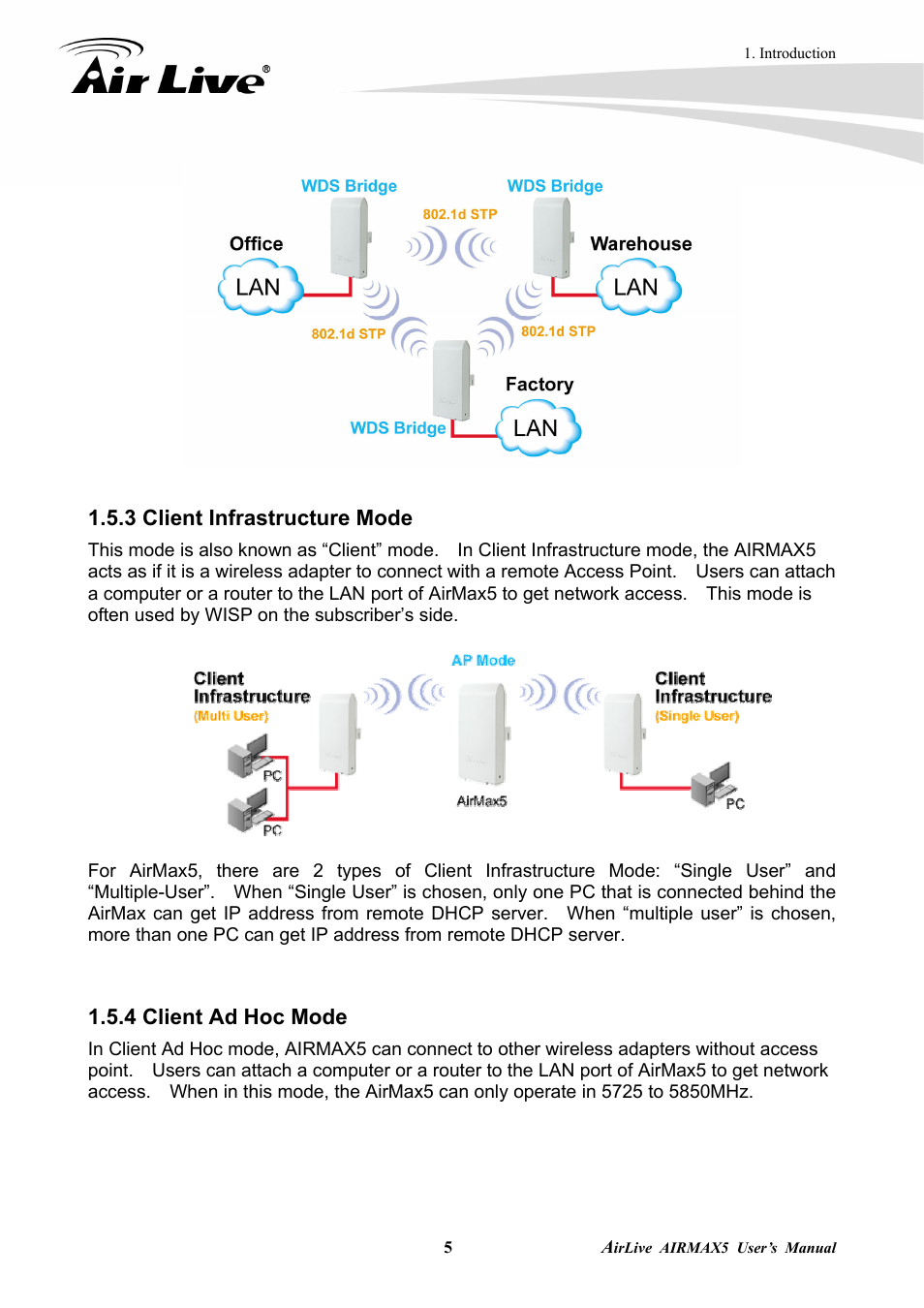 3 client infrastructure mode, 4 client ad hoc mode | AirLive AirMax5 User Manual | Page 12 / 146