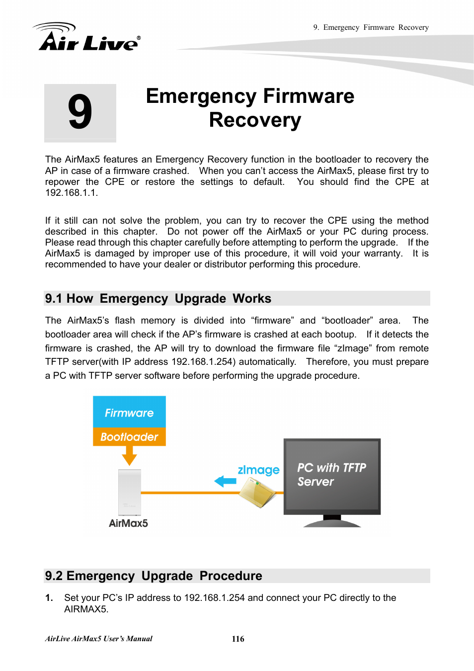 Emergency firmware recovery, 1 how emergency upgrade works, 2 emergency upgrade procedure | AirLive AirMax5 User Manual | Page 123 / 146