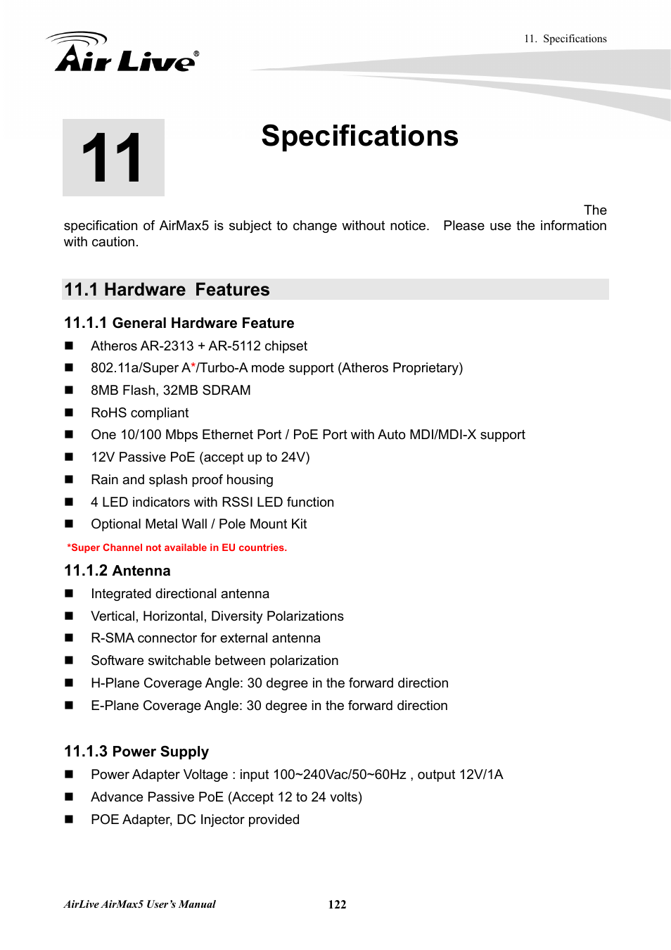 Specifications, 1 hardware features | AirLive AirMax5 User Manual | Page 129 / 146