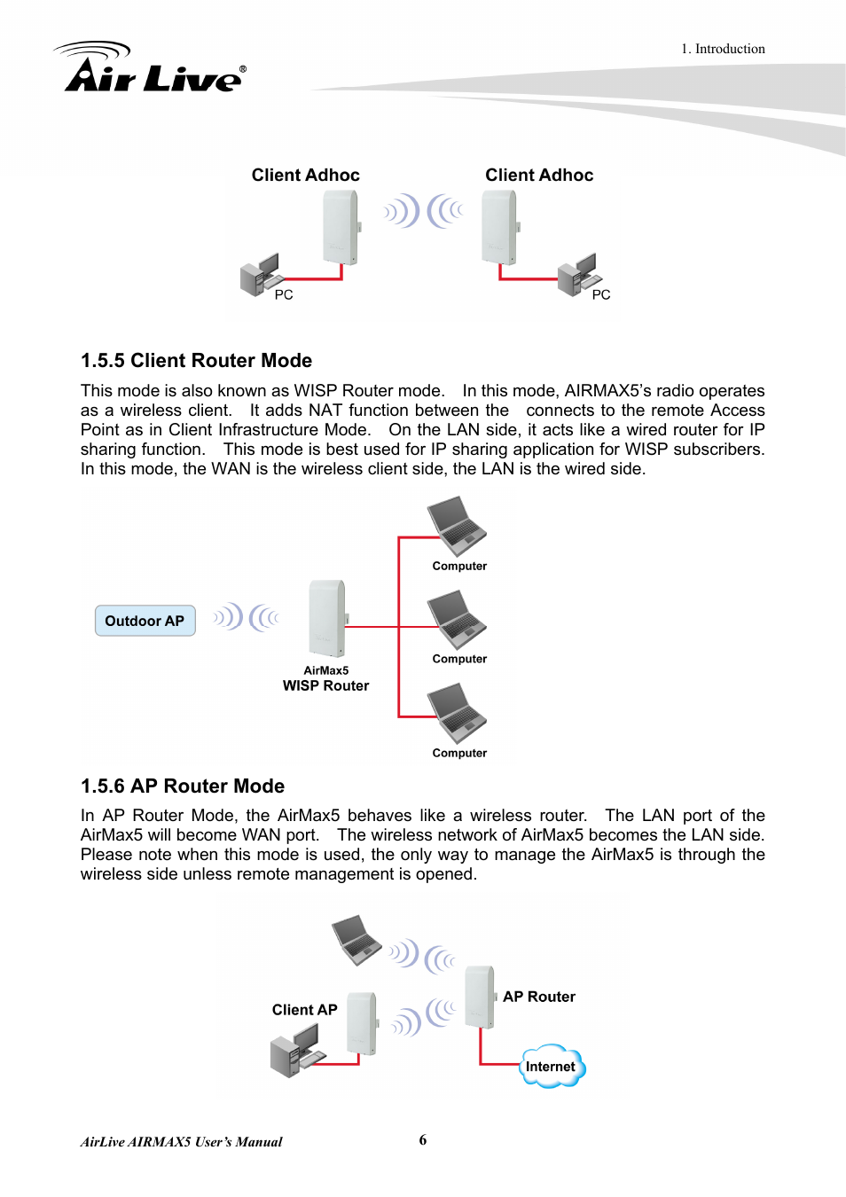 5 client router mode 1.5.6 ap router mode | AirLive AirMax5 User Manual | Page 13 / 146