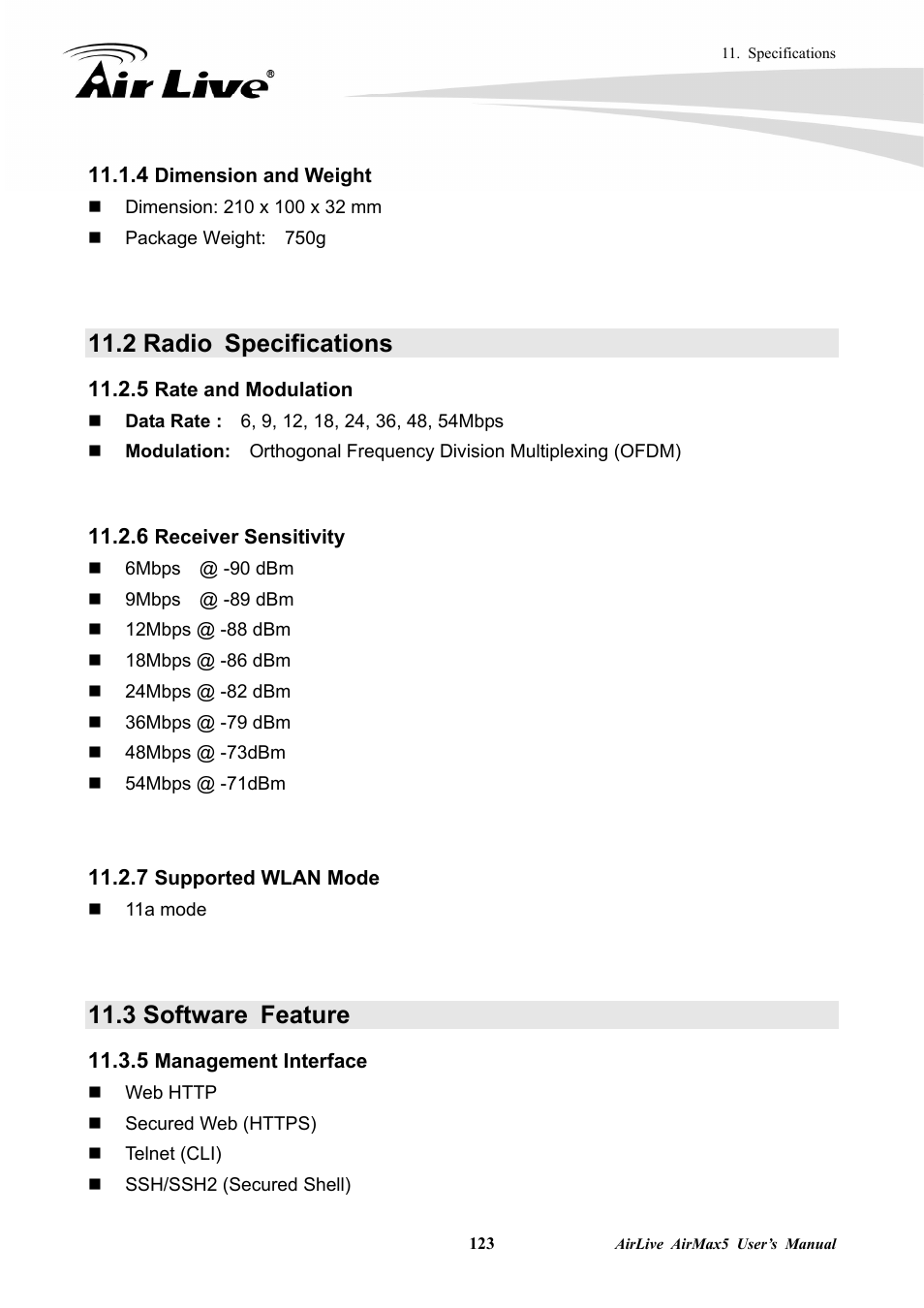 2 radio specifications, 3 software feature, 4 dimension and weight | 5 management interface | AirLive AirMax5 User Manual | Page 130 / 146