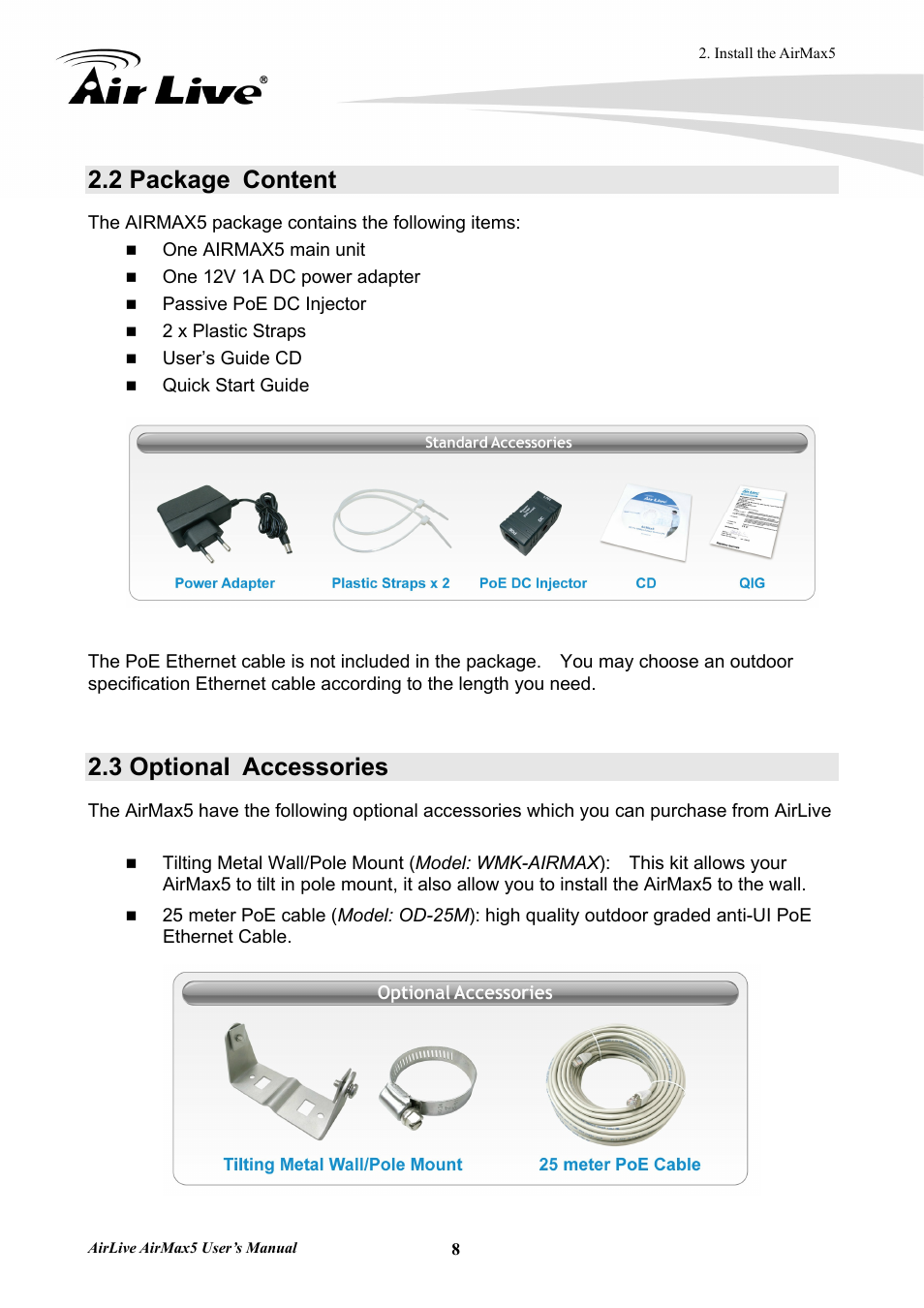 2 package content, 3 optional accessories | AirLive AirMax5 User Manual | Page 15 / 146