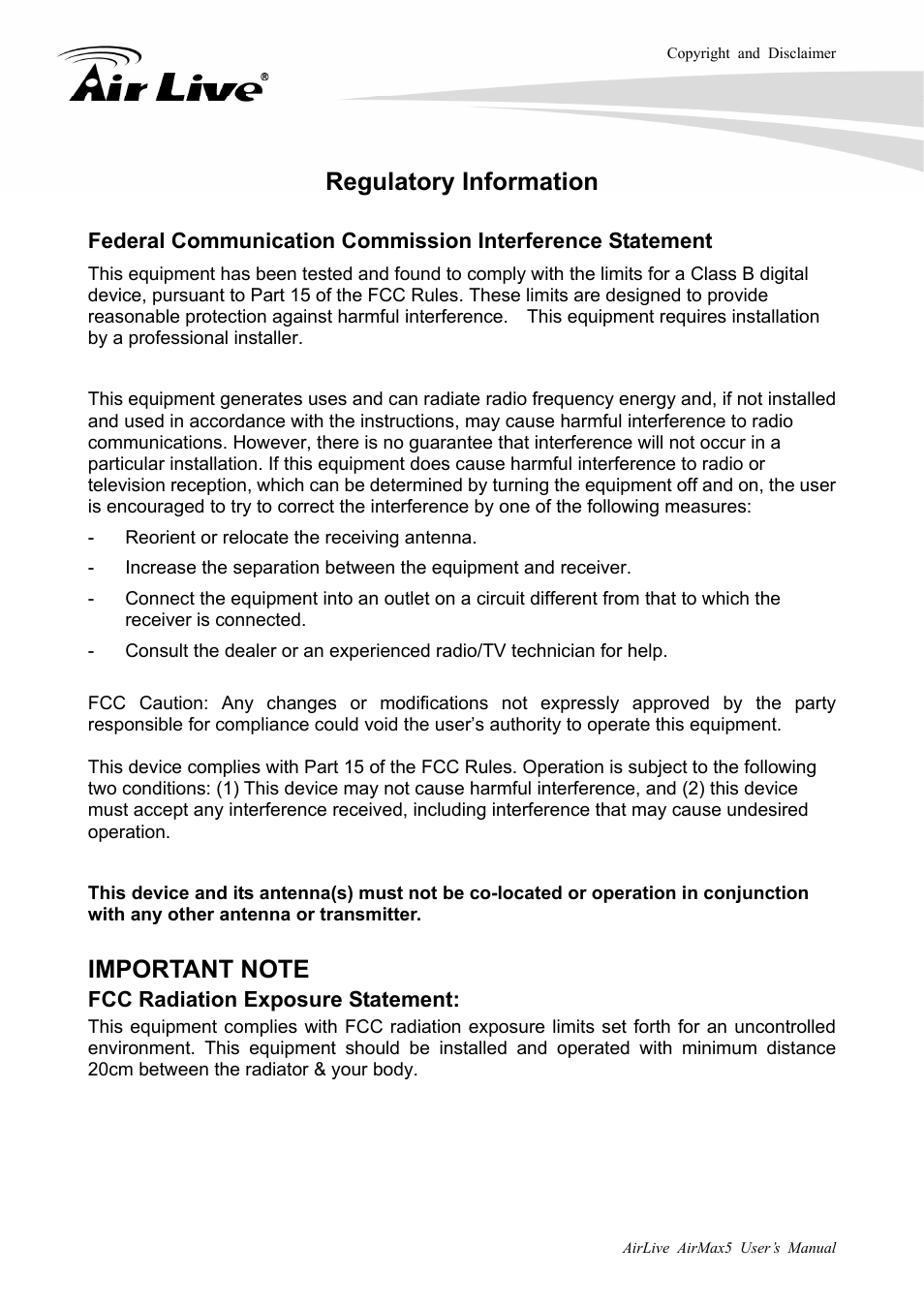 Regulatory information | AirLive AirMax5 User Manual | Page 2 / 146