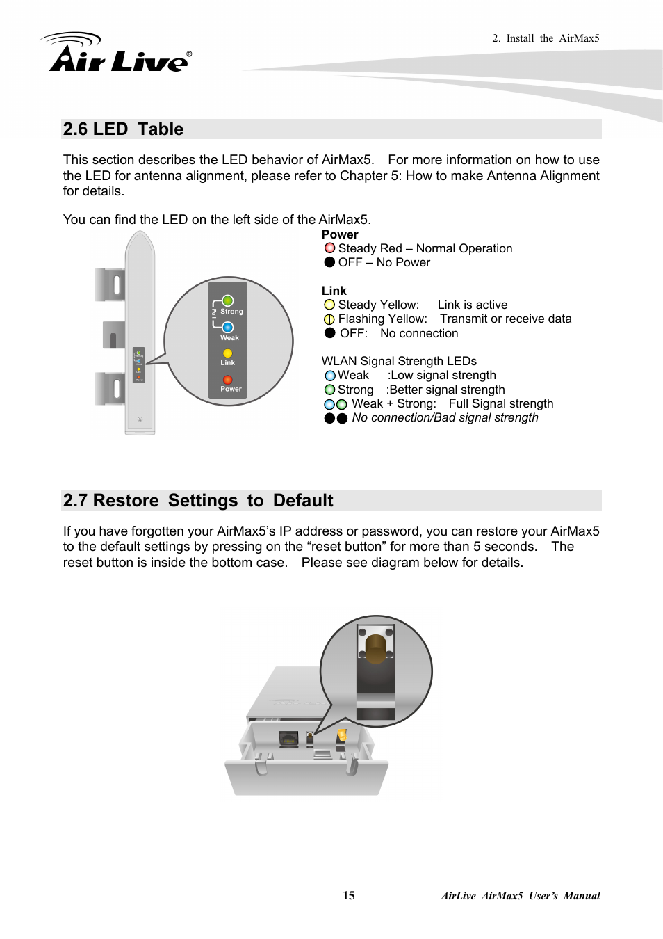 6 led table, 7 restore settings to default | AirLive AirMax5 User Manual | Page 22 / 146