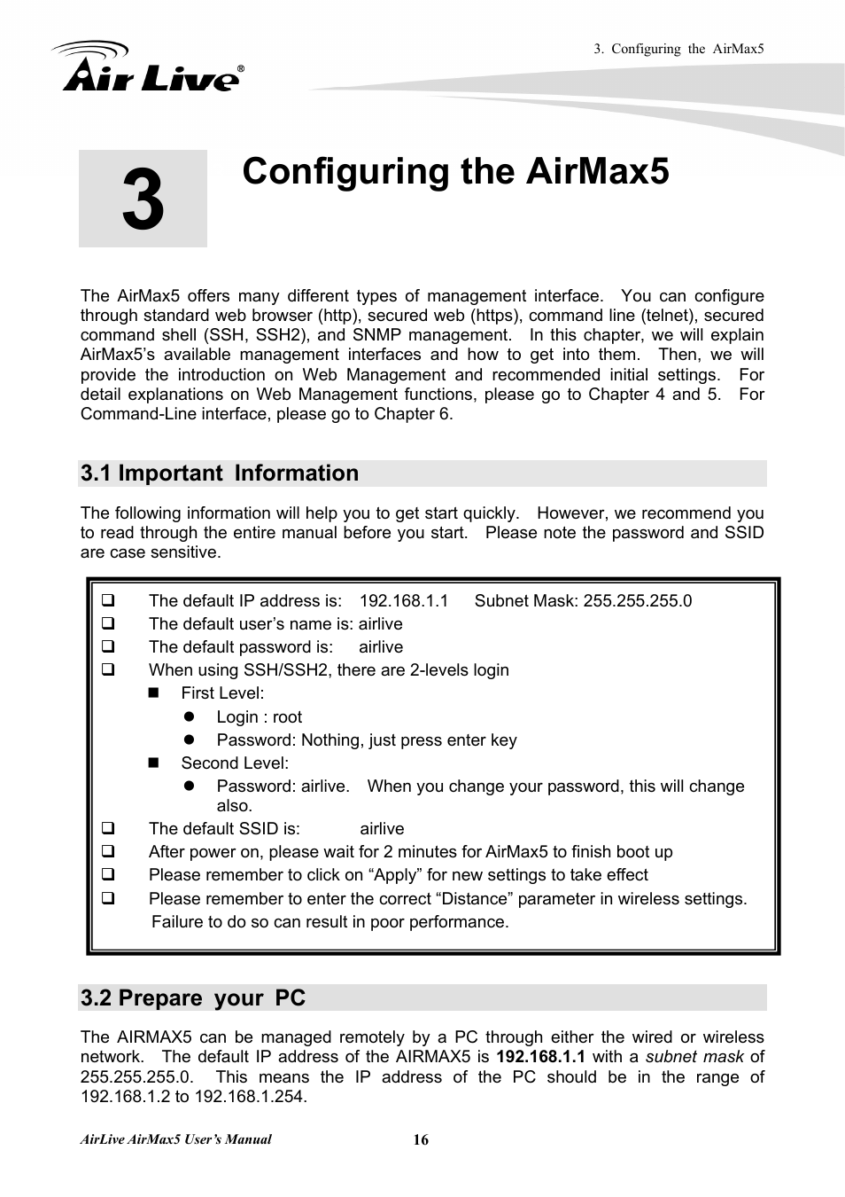 Configuring the airmax5, 1 important information, 2 prepare your pc | AirLive AirMax5 User Manual | Page 23 / 146