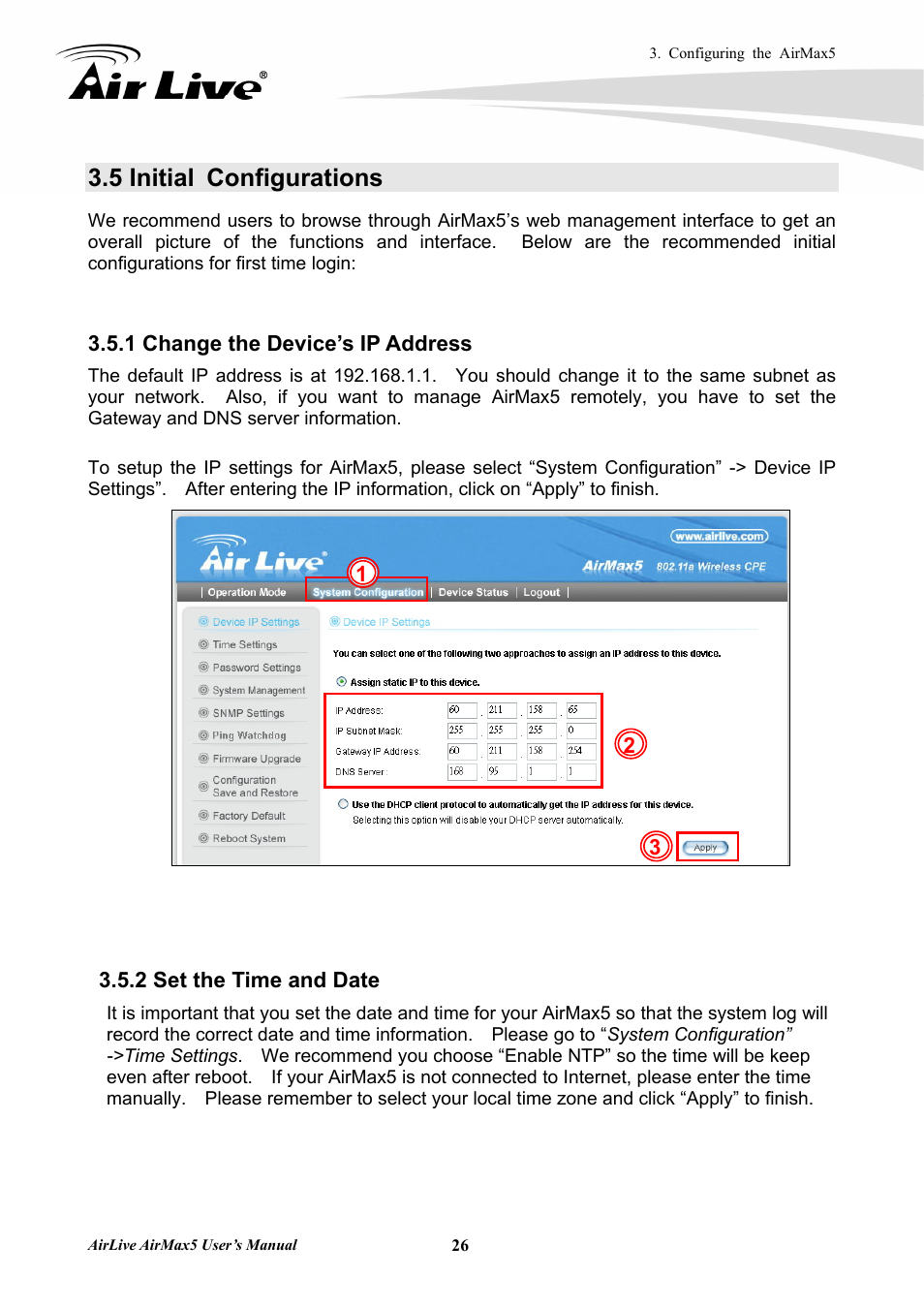 5 initial configurations, 1 change the device’s ip address, 2 set the time and date | AirLive AirMax5 User Manual | Page 33 / 146