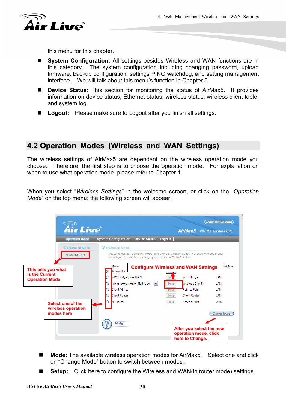 2 operation modes (wireless and wan settings) | AirLive AirMax5 User Manual | Page 37 / 146