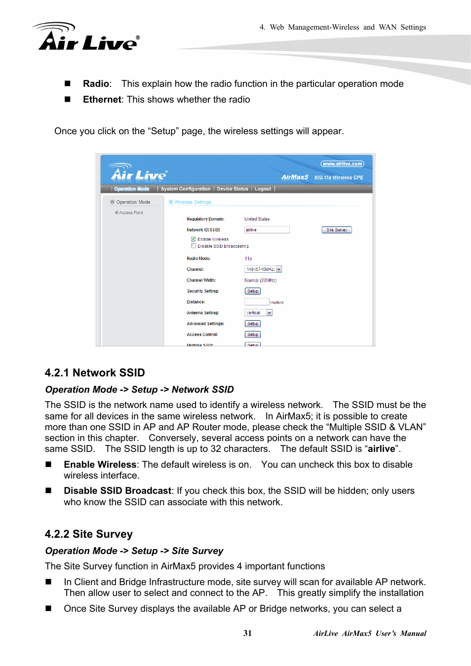 1 network ssid 4.2.2 site survey, 1 network ssid, 2 site survey | AirLive AirMax5 User Manual | Page 38 / 146