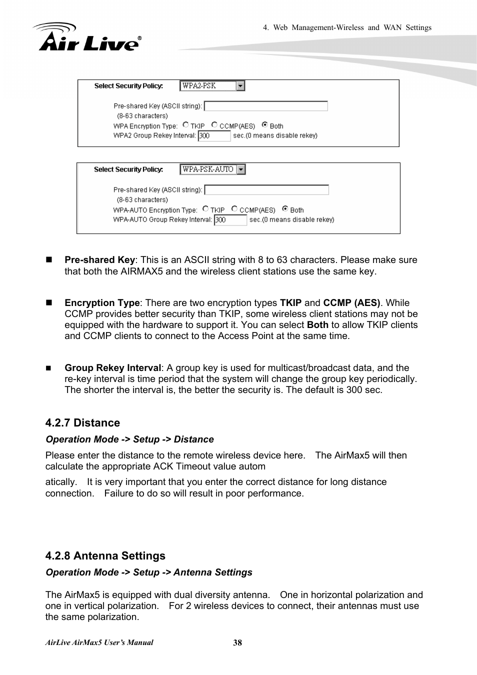 7 distance 4.2.8 antenna settings, 7 distance, 8 antenna settings | AirLive AirMax5 User Manual | Page 45 / 146