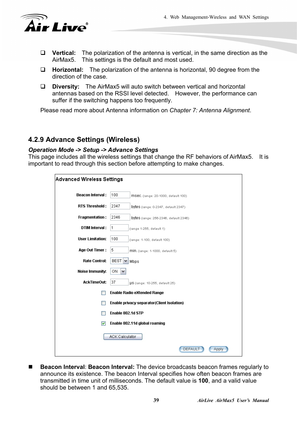 9 advance settings (wireless) | AirLive AirMax5 User Manual | Page 46 / 146