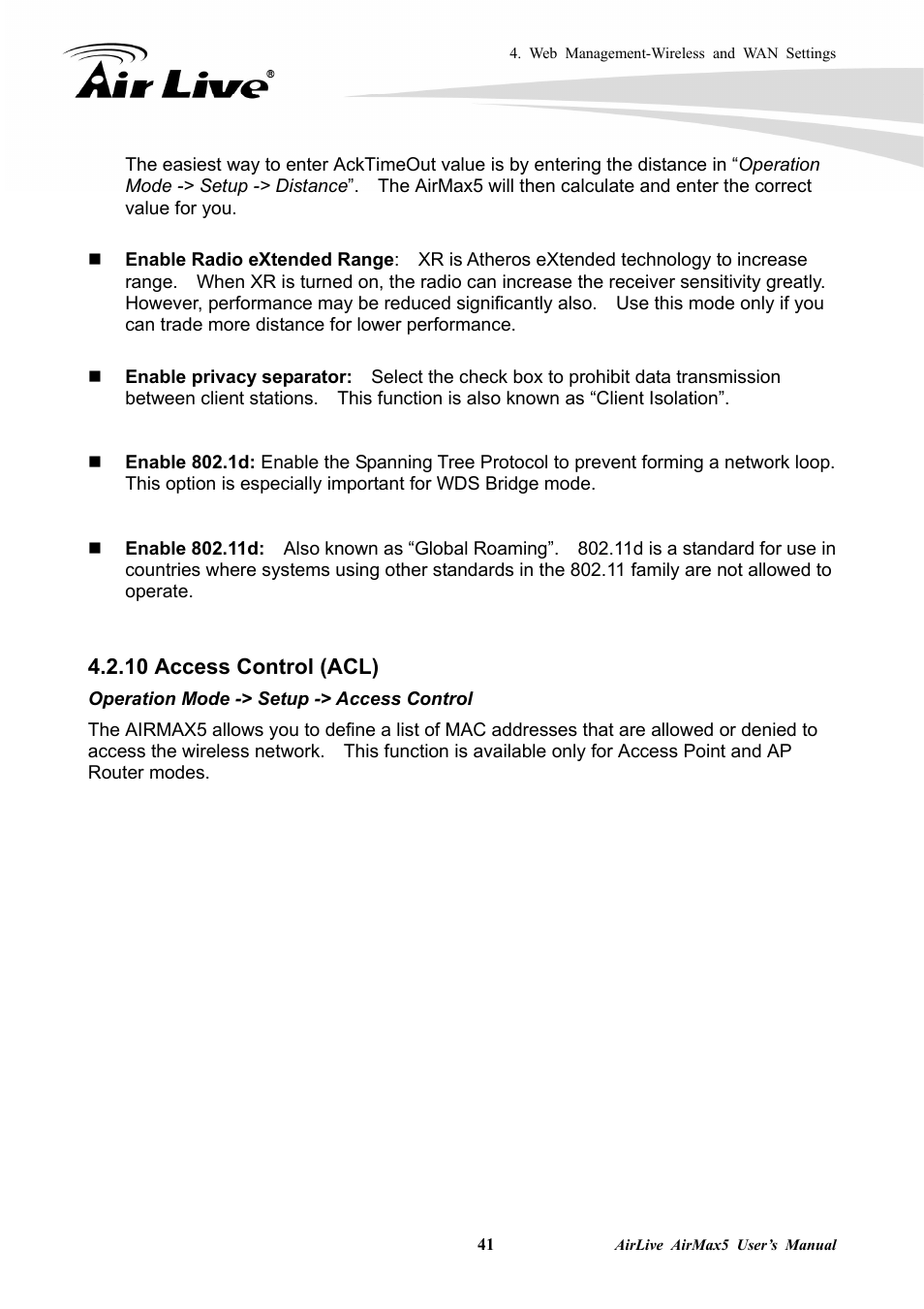 10 access control (acl) | AirLive AirMax5 User Manual | Page 48 / 146