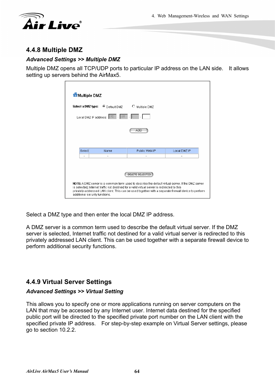 8 multiple dmz 4.4.9 virtual server settings, 8 multiple dmz, 9 virtual server settings | AirLive AirMax5 User Manual | Page 71 / 146