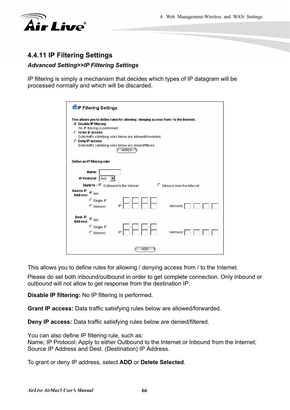 11 ip filtering settings | AirLive AirMax5 User Manual | Page 73 / 146