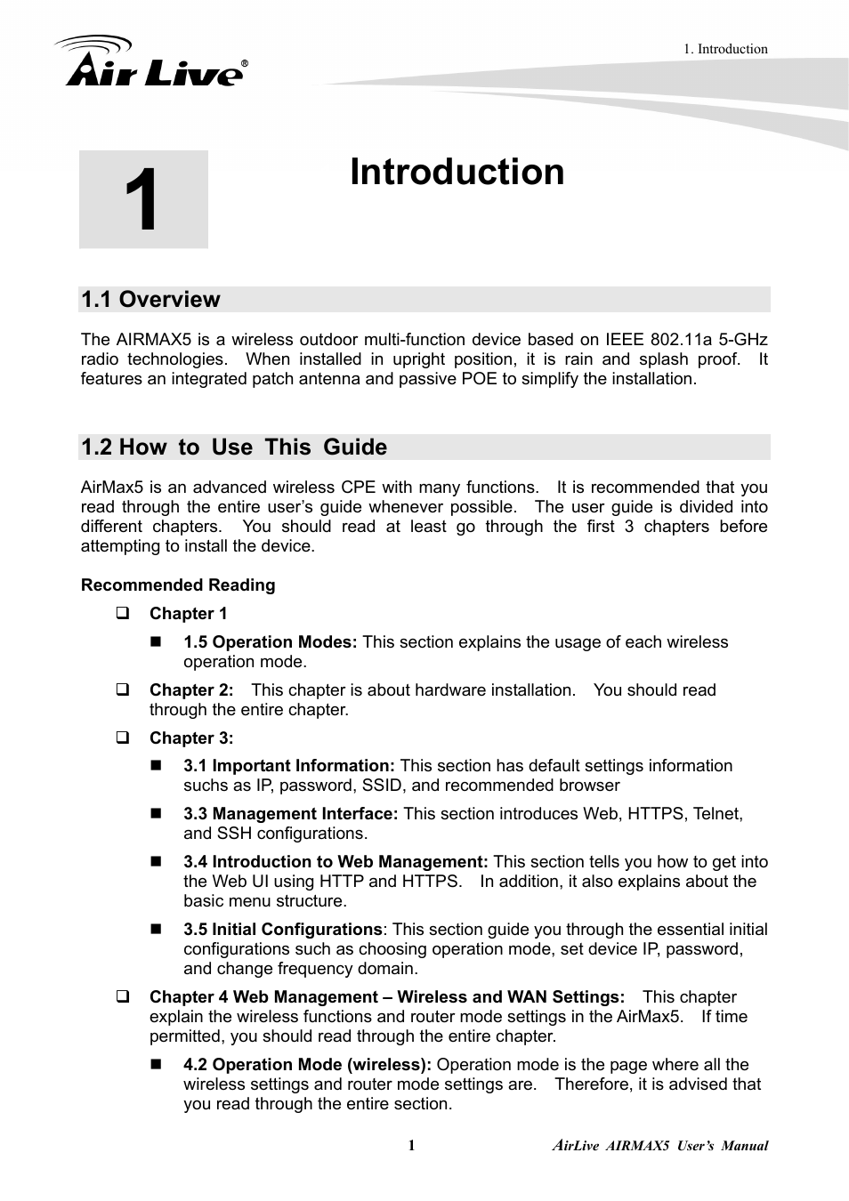 Introduction, 1 overview, 2 how to use this guide | AirLive AirMax5 User Manual | Page 8 / 146