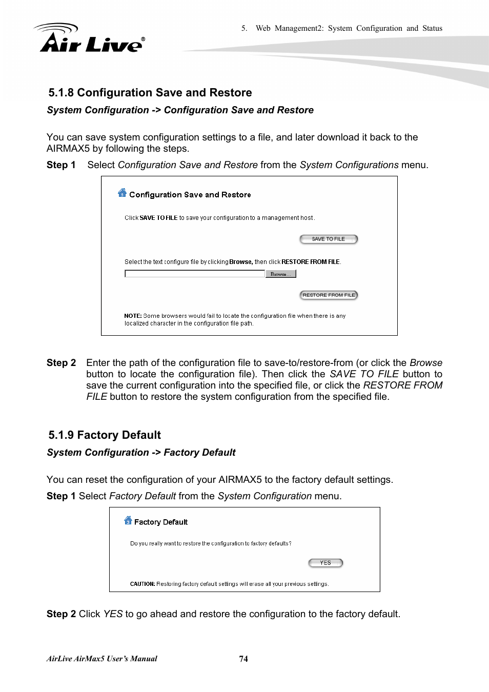 8 configuration save and restore, 9 factory default | AirLive AirMax5 User Manual | Page 81 / 146