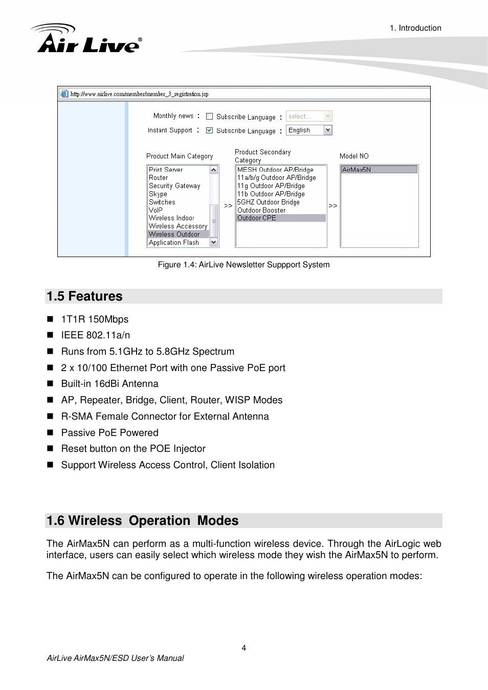 5 features, 6 wireless operation modes | AirLive AirMax5N-ESD User Manual | Page 10 / 93