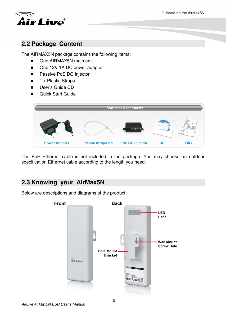 2 package content, 3 knowing your airmax5n | AirLive AirMax5N-ESD User Manual | Page 16 / 93