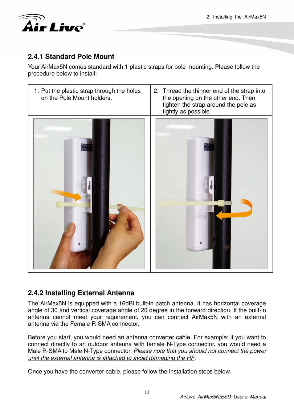 1 standard pole mount, 2 installing external antenna | AirLive AirMax5N-ESD User Manual | Page 19 / 93