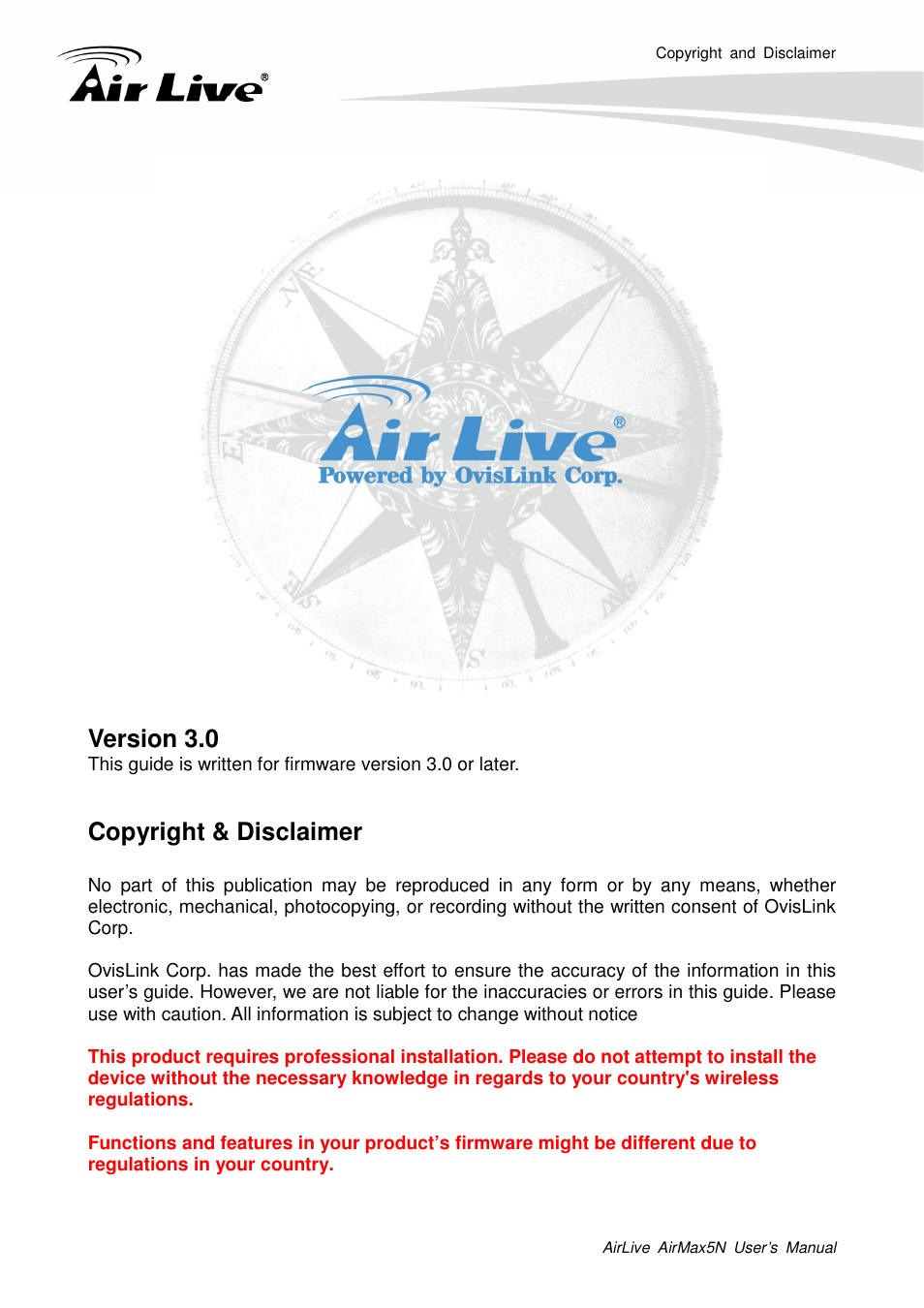 Version 3.0, Copyright & disclaimer | AirLive AirMax5N-ESD User Manual | Page 2 / 93