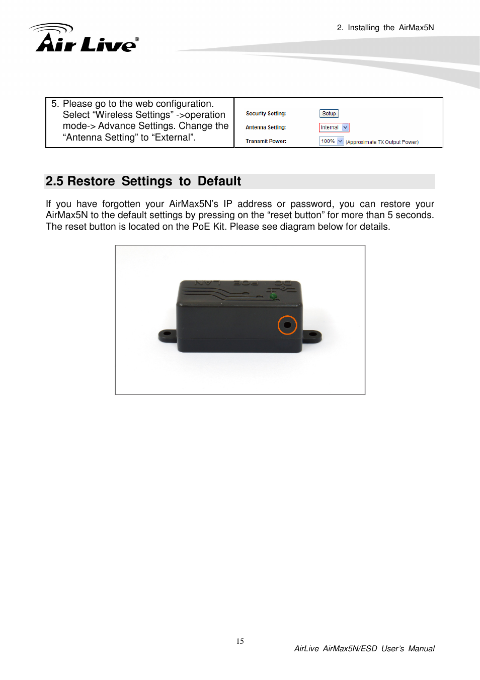 5 restore settings to default | AirLive AirMax5N-ESD User Manual | Page 21 / 93