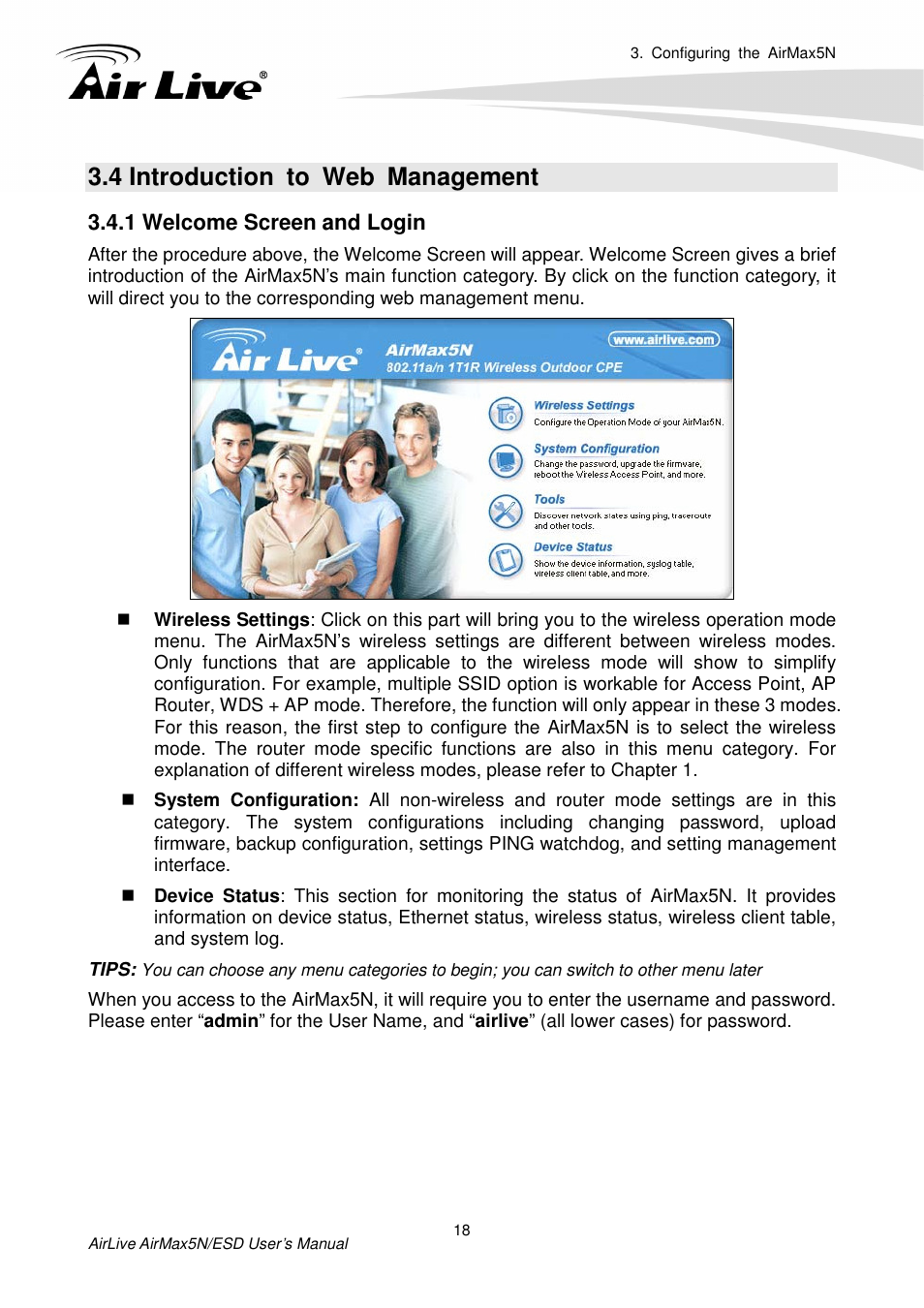 4 introduction to web management, 1 welcome screen and login | AirLive AirMax5N-ESD User Manual | Page 24 / 93