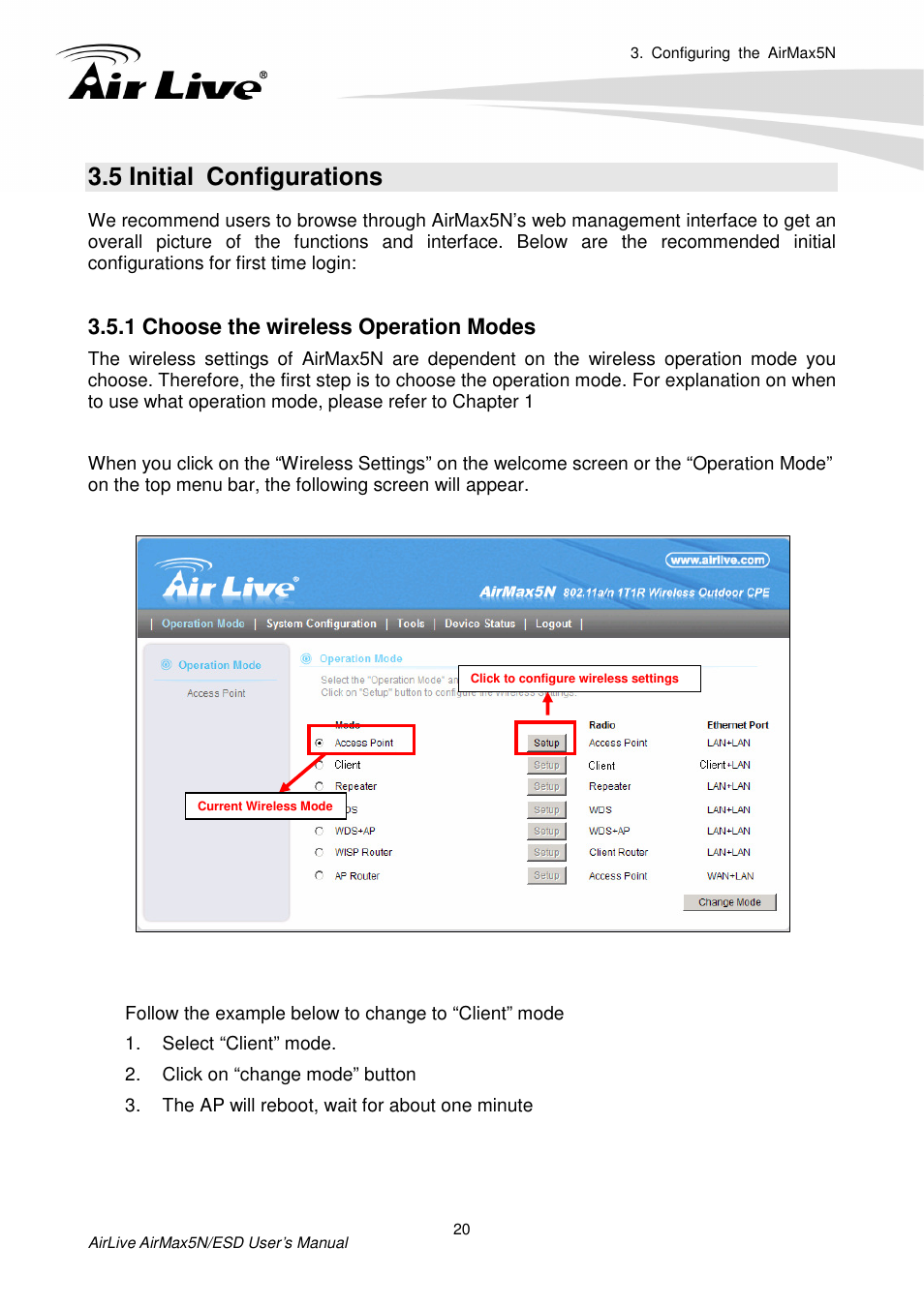 5 initial configurations, 1 choose the wireless operation modes | AirLive AirMax5N-ESD User Manual | Page 26 / 93