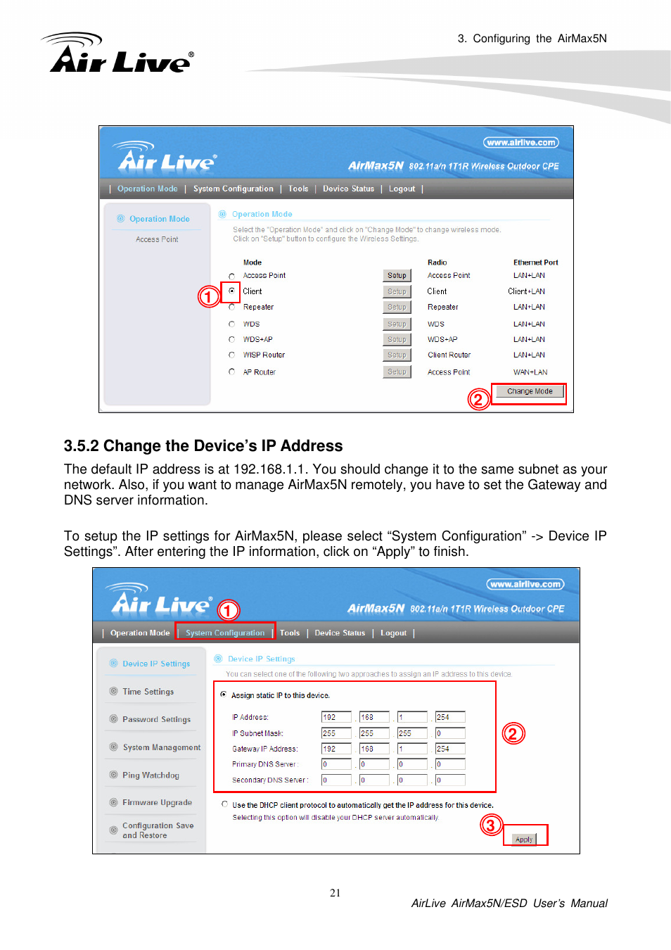 2 change the device’s ip address | AirLive AirMax5N-ESD User Manual | Page 27 / 93