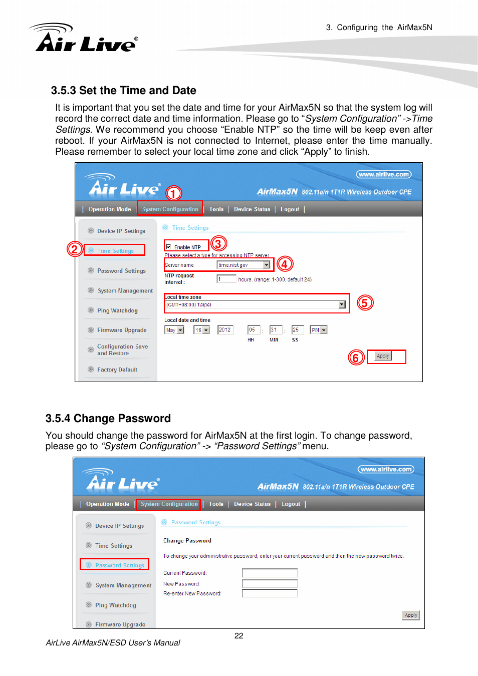 3 set the time and date, 4 change password | AirLive AirMax5N-ESD User Manual | Page 28 / 93