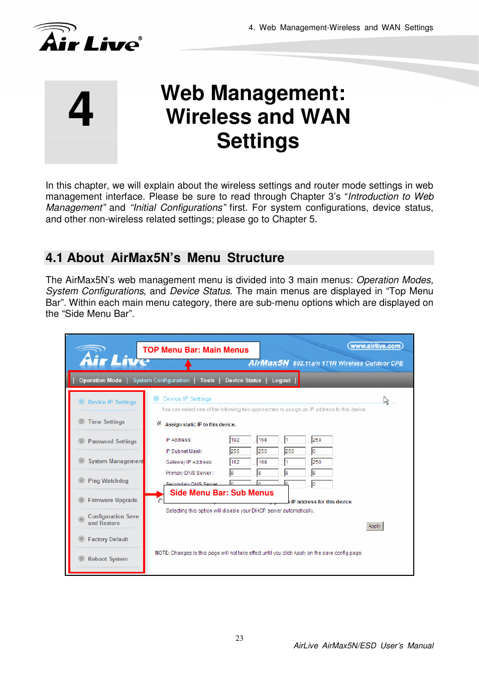 Web management:wireless and wansettings, 1 about airmax5n’s menu structure, Web management: wireless and wan settings | AirLive AirMax5N-ESD User Manual | Page 29 / 93