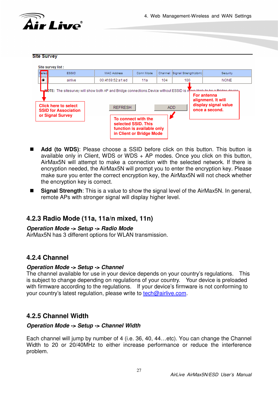 3 radio mode (11a, 11a/n mixed, 11n), 4 channel, 5 channel width | AirLive AirMax5N-ESD User Manual | Page 33 / 93