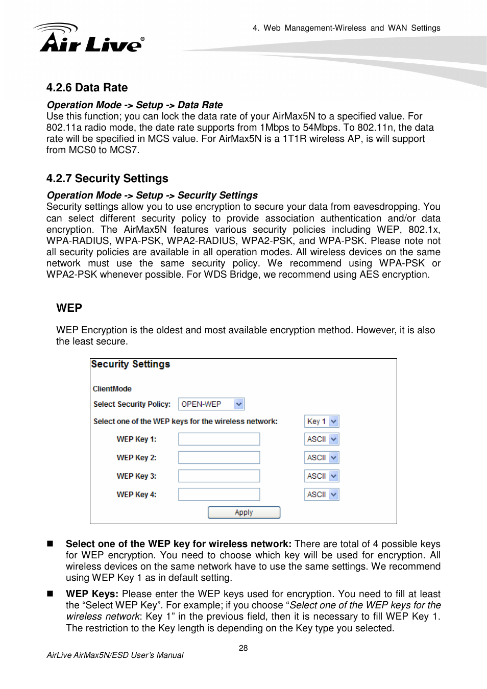 6 data rate, 7 security settings | AirLive AirMax5N-ESD User Manual | Page 34 / 93