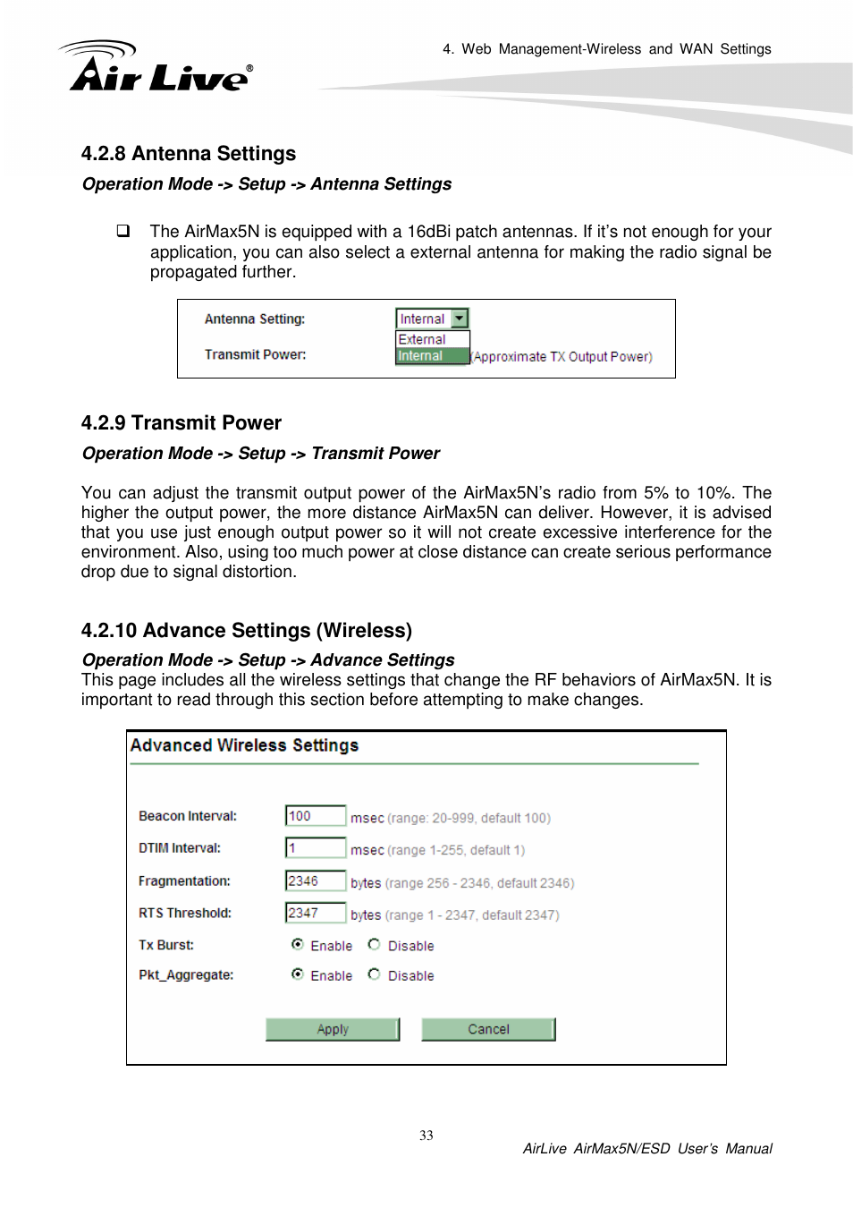 8 antenna settings, 9 transmit power, 10 advance settings (wireless) | AirLive AirMax5N-ESD User Manual | Page 39 / 93