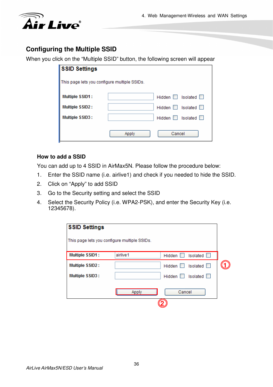 Configuring the multiple ssid | AirLive AirMax5N-ESD User Manual | Page 42 / 93