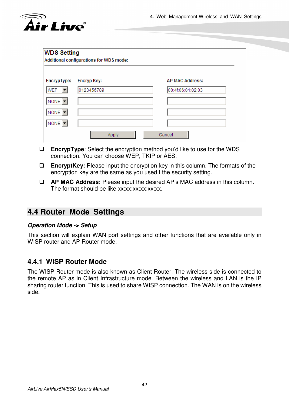 4 router mode settings, 1 wisp router mode | AirLive AirMax5N-ESD User Manual | Page 48 / 93
