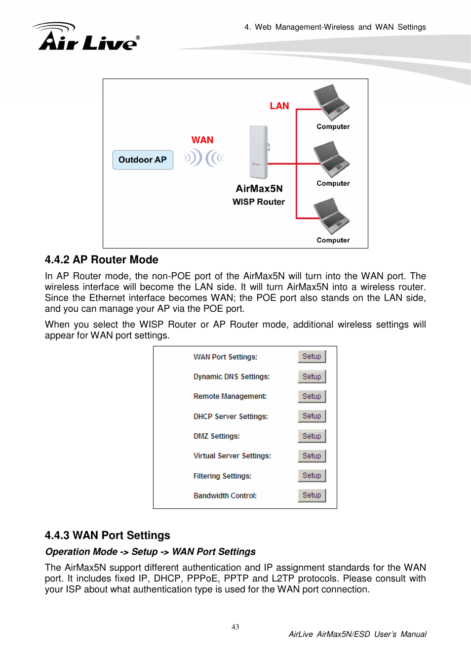 2 ap router mode, 3 wan port settings | AirLive AirMax5N-ESD User Manual | Page 49 / 93