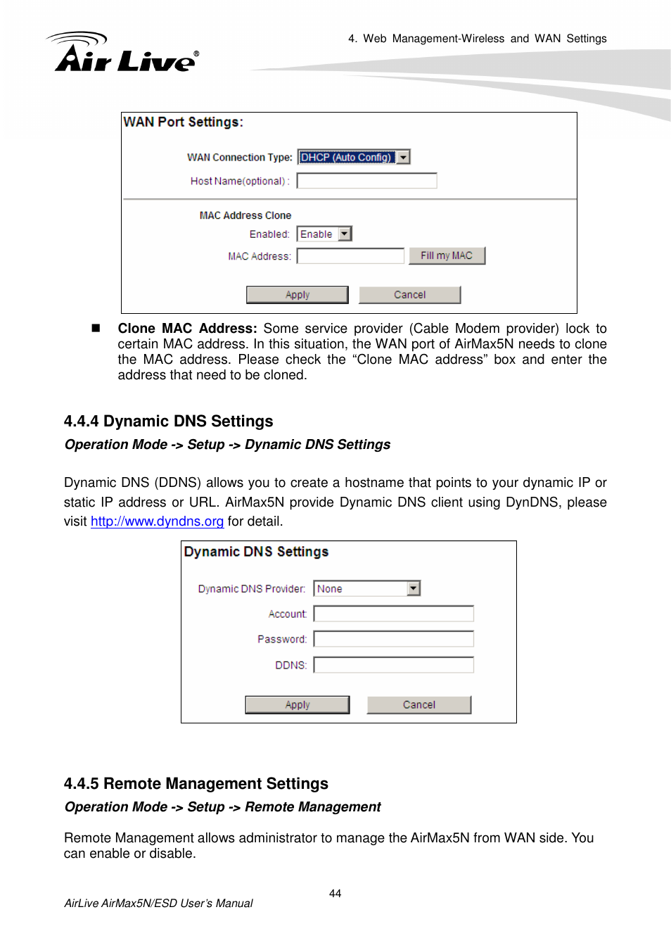 4 dynamic dns settings, 5 remote management settings | AirLive AirMax5N-ESD User Manual | Page 50 / 93