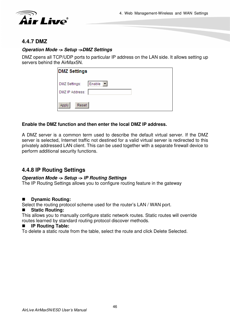 7 dmz, 8 ip routing sett, 8 ip routing settings | AirLive AirMax5N-ESD User Manual | Page 52 / 93