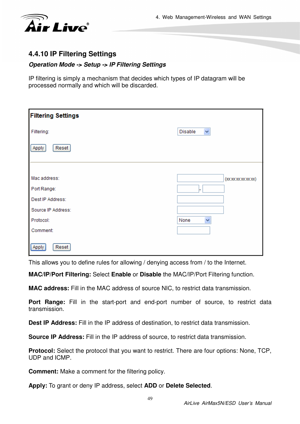 10 ip filtering settings | AirLive AirMax5N-ESD User Manual | Page 55 / 93