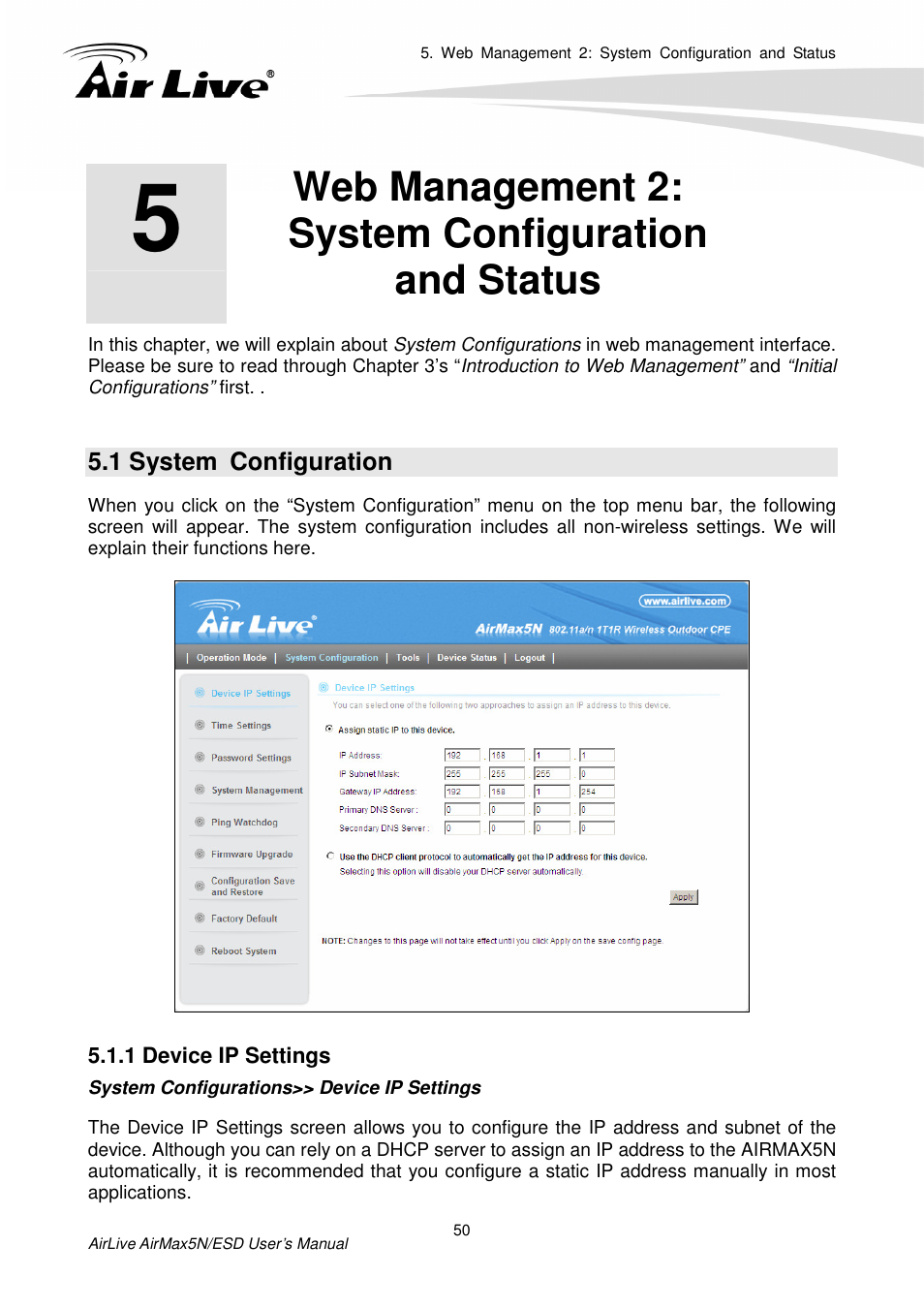 Web management 2:system configurationand status, 1 system conf, 1 device ip settings | Web management 2: system configuration and status, 1 system configuration | AirLive AirMax5N-ESD User Manual | Page 56 / 93