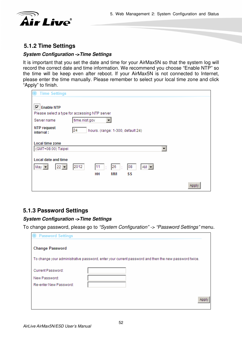 2 time settings, 3 password settings | AirLive AirMax5N-ESD User Manual | Page 58 / 93
