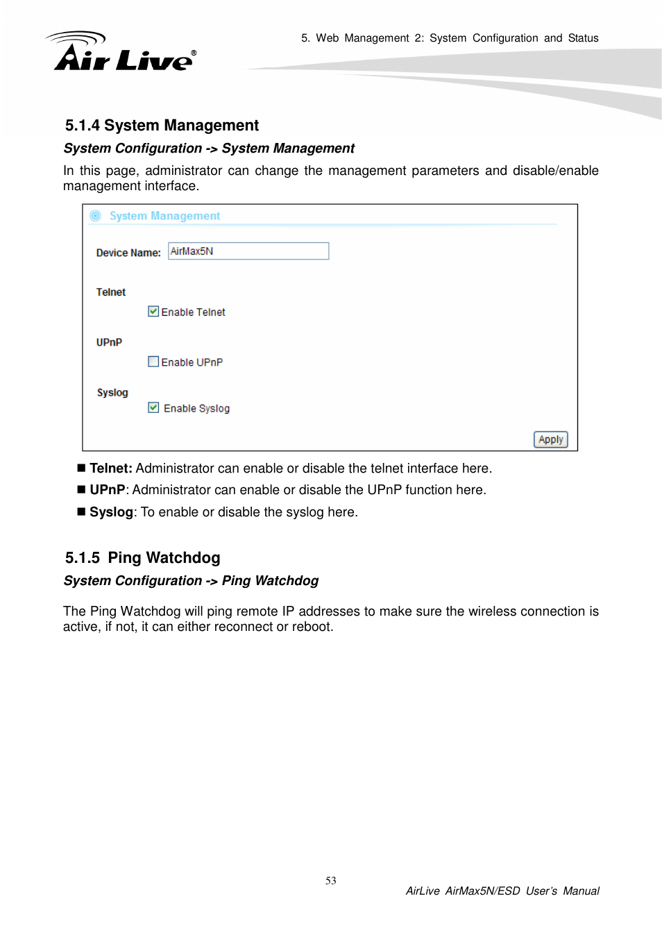4 system management, 5 ping watchdog | AirLive AirMax5N-ESD User Manual | Page 59 / 93