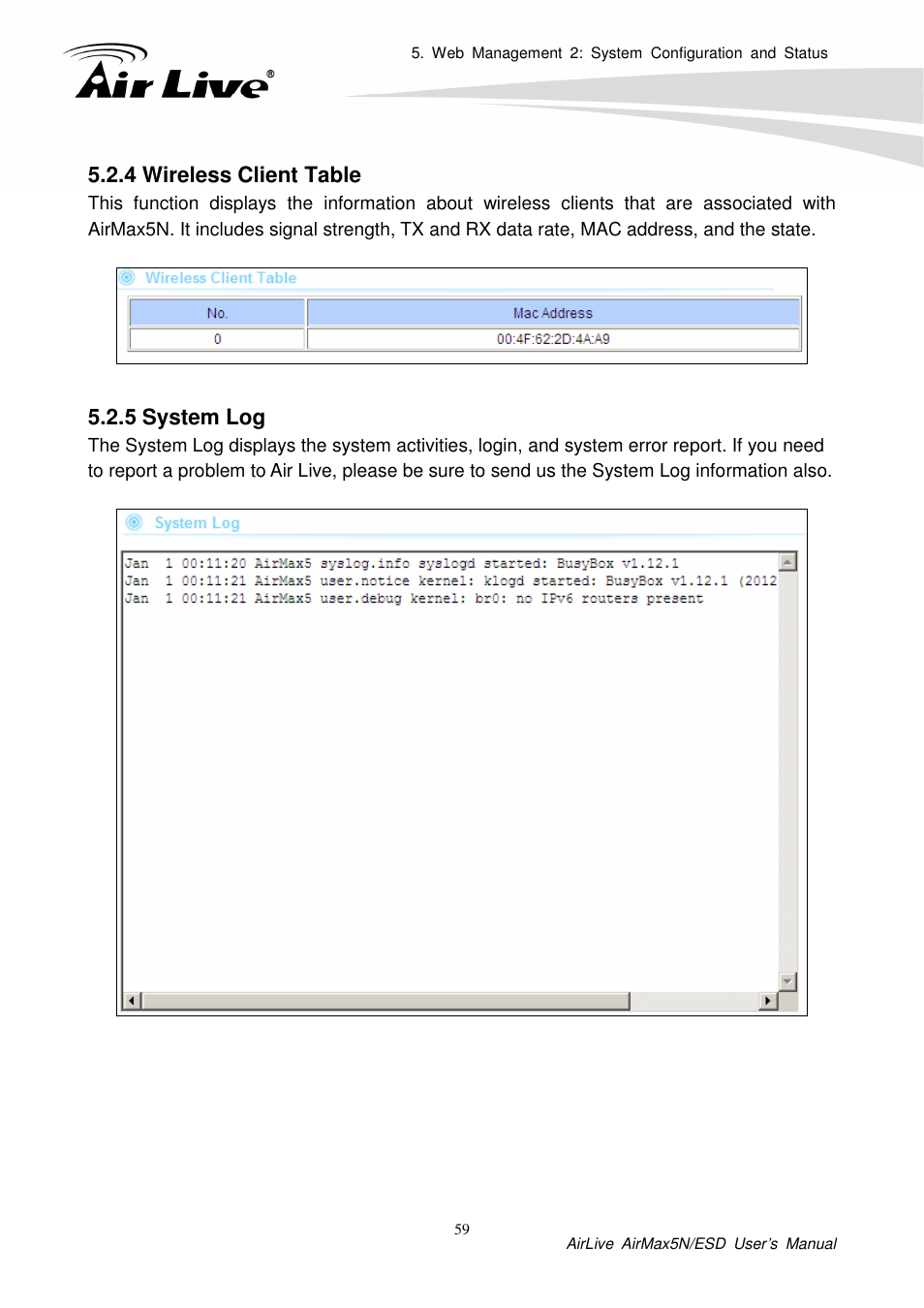 4 wireless client table, 5 system log | AirLive AirMax5N-ESD User Manual | Page 65 / 93