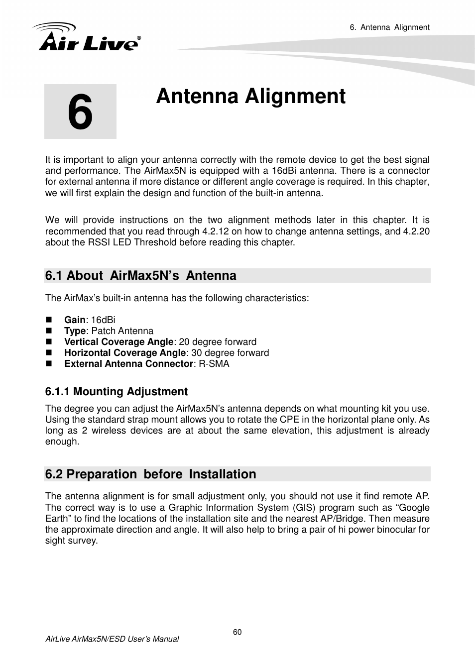 Antenna alignment, 1 about airmax5n’s antenna, 1 mounting adjustment | 2 preparation before installation | AirLive AirMax5N-ESD User Manual | Page 66 / 93