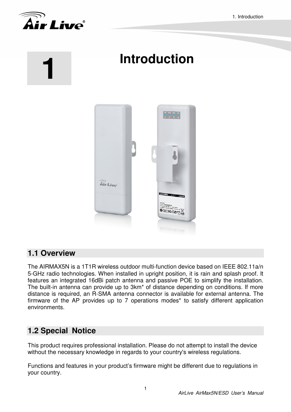 Introduction, 1 overview, 2 special notice | AirLive AirMax5N-ESD User Manual | Page 7 / 93