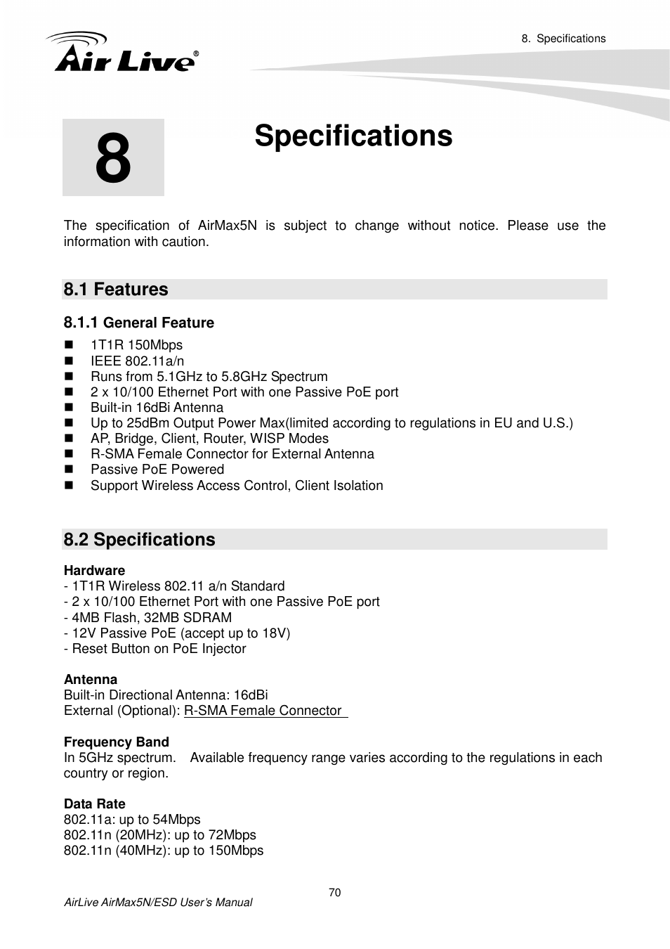 Specifications, 1 feature, 1 general feature | 2 specifications, 1 features | AirLive AirMax5N-ESD User Manual | Page 76 / 93