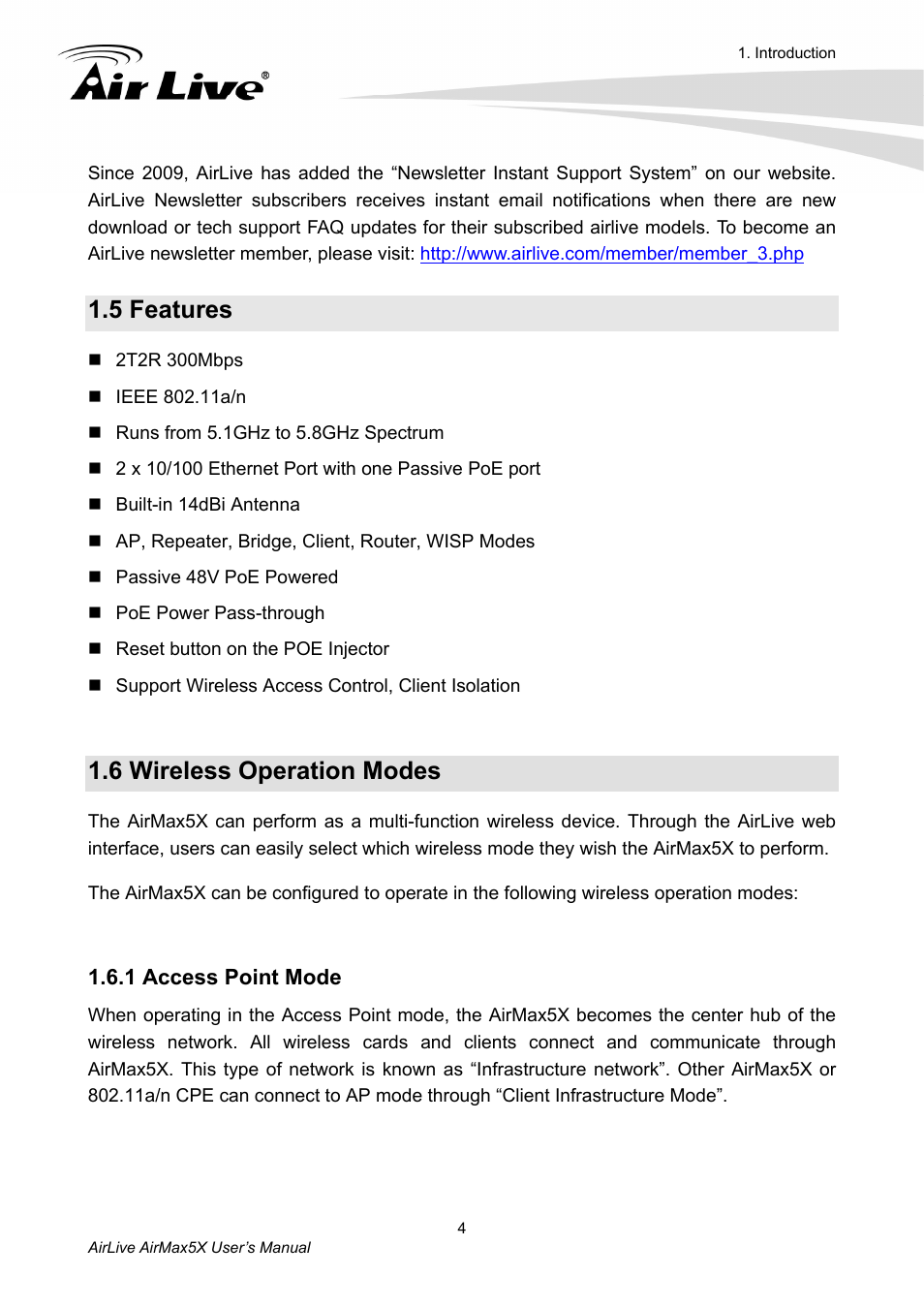5 features, 6 wireless operation modes, 1 access point mode | AirLive AirMax5X User Manual | Page 10 / 91