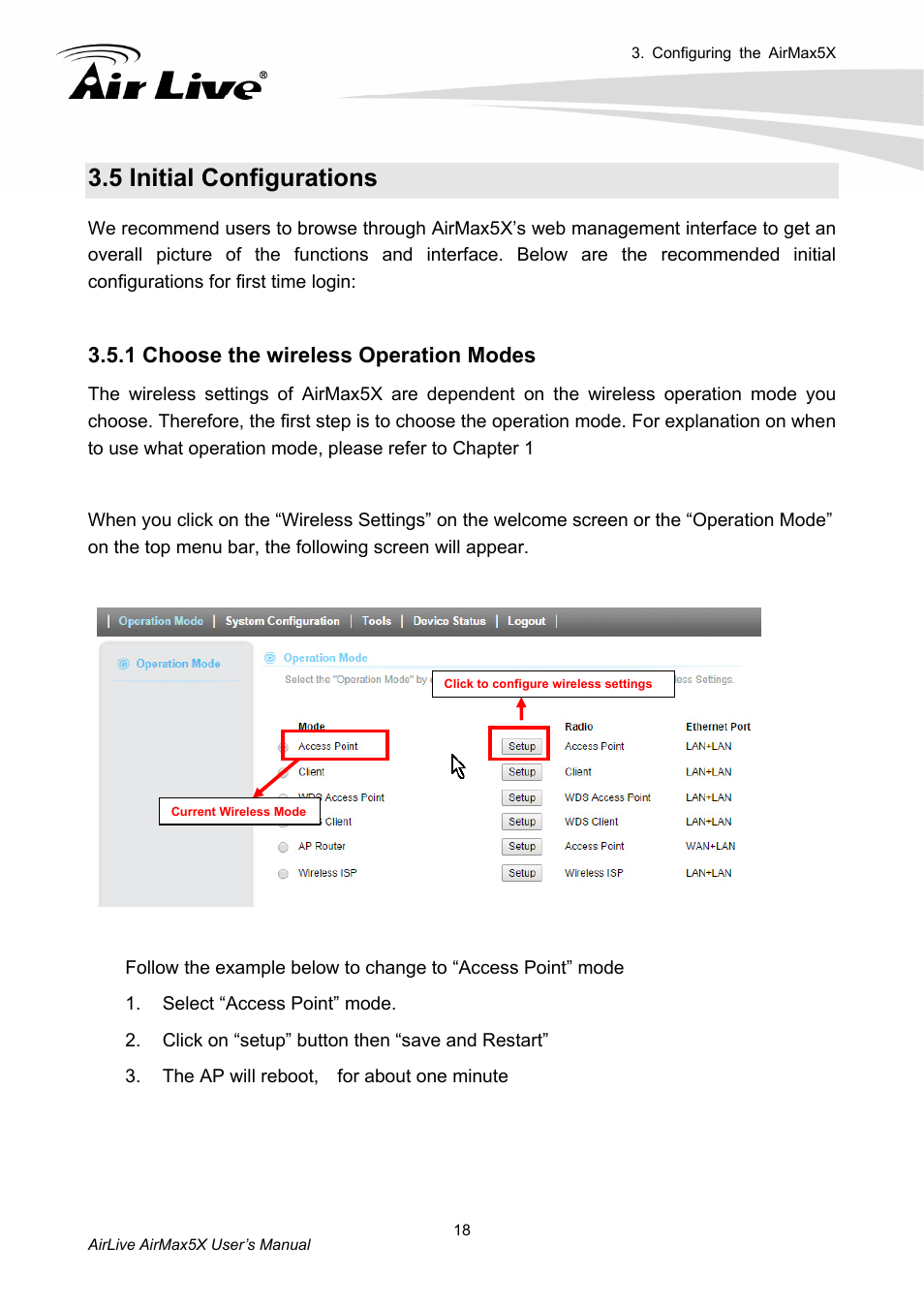 5 initial configurations, 1 choose the wireless operation modes | AirLive AirMax5X User Manual | Page 24 / 91