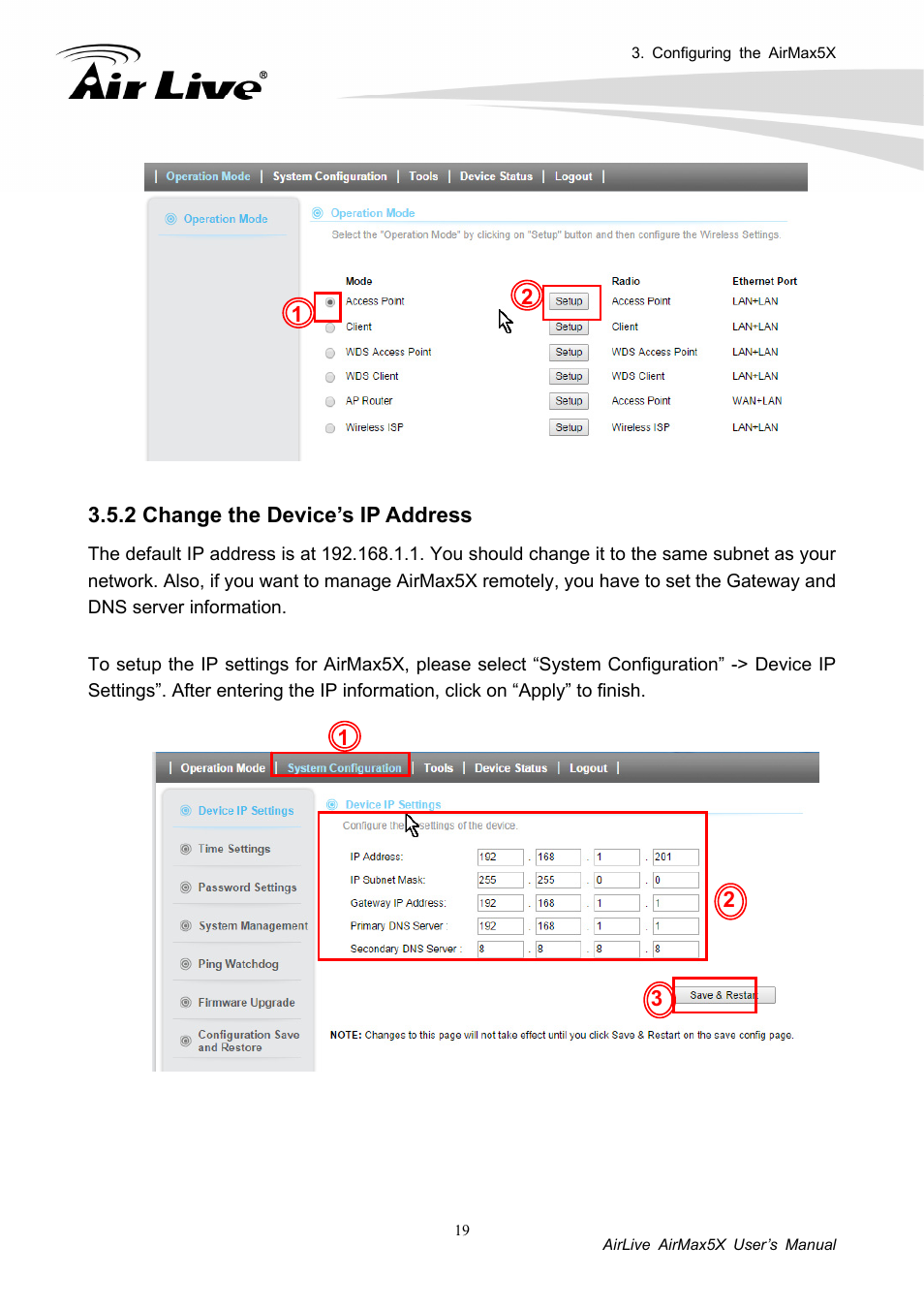 2 change the device’s ip address | AirLive AirMax5X User Manual | Page 25 / 91