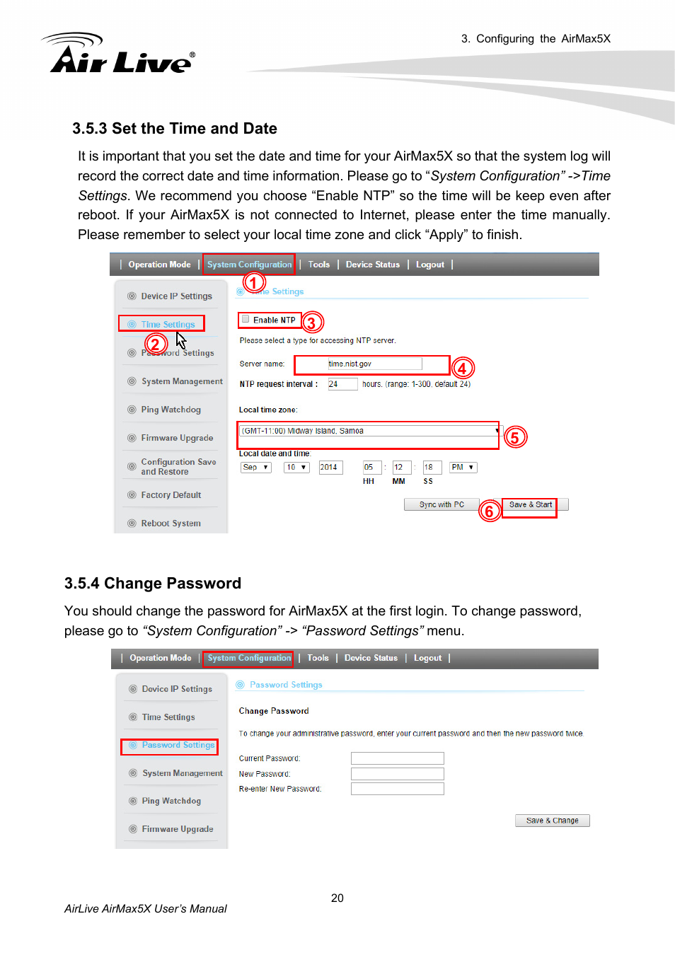 3 set the time and date 3.5.4 change password, 3 set the time and date, 4 change password | AirLive AirMax5X User Manual | Page 26 / 91